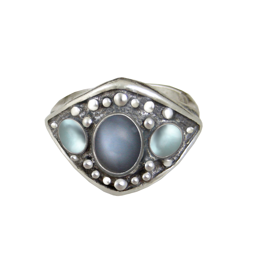 Sterling Silver Medieval Lady's Ring with Grey Moonstone And Blue Topaz Size 8